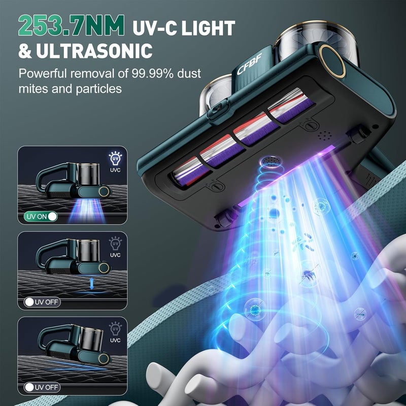 CFBF مكنسة فرشات كهربائية، مكنسة سرير كهربائية بسحب 16Kpa 253.7nm ضوء UV-C، بالموجات فوق الصوتية وسخونة عالية، 500 واط مكنسات يدوية قوية مزدوجة الكوب للسرير، الأريكة، الكنب، سرير الأطفال، سلك بطول 16.4 قدم - Image 3
